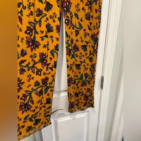 BBJ Los Angeles Mustard Fleur De Lis Flowy Wide Leg Boho Belted Pants Size L - Picture 2 of 13
